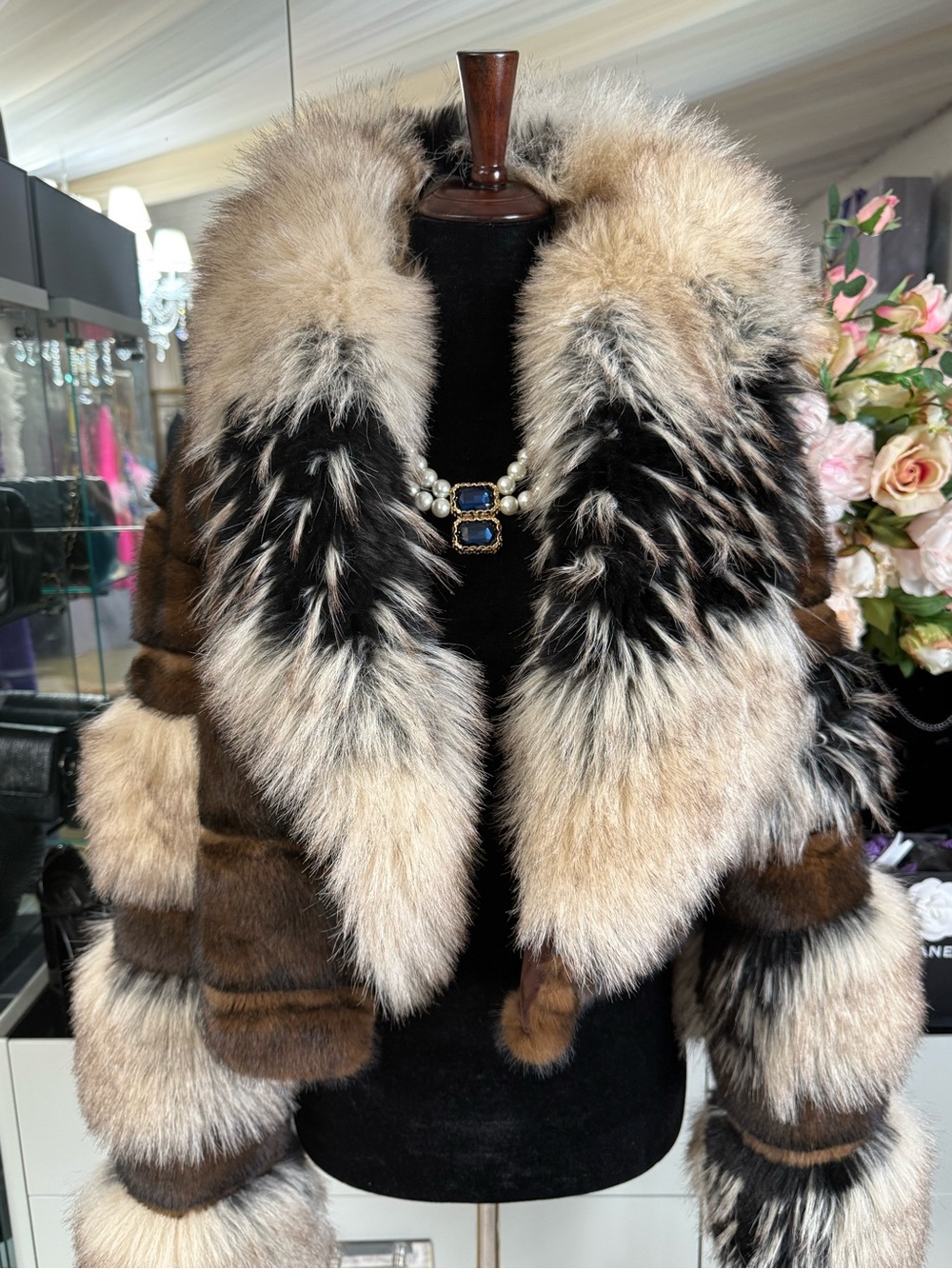 AKIRA Brown and Cream Faux Fur Teddy Jacket with Black Accents